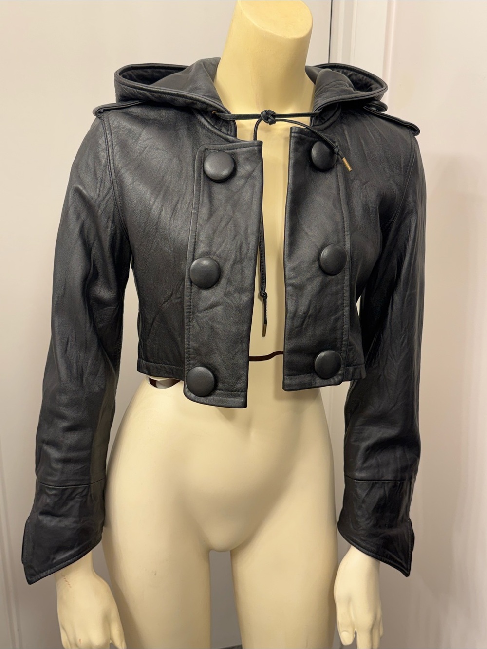Cropped Black Leather Hooded Jacket with Oversized Buttons